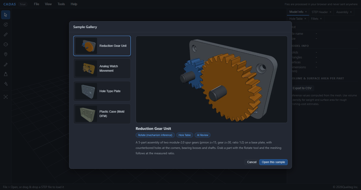 The CADAS sample gallery. Selecting a thumbnail on the left shows a large preview and description on the right