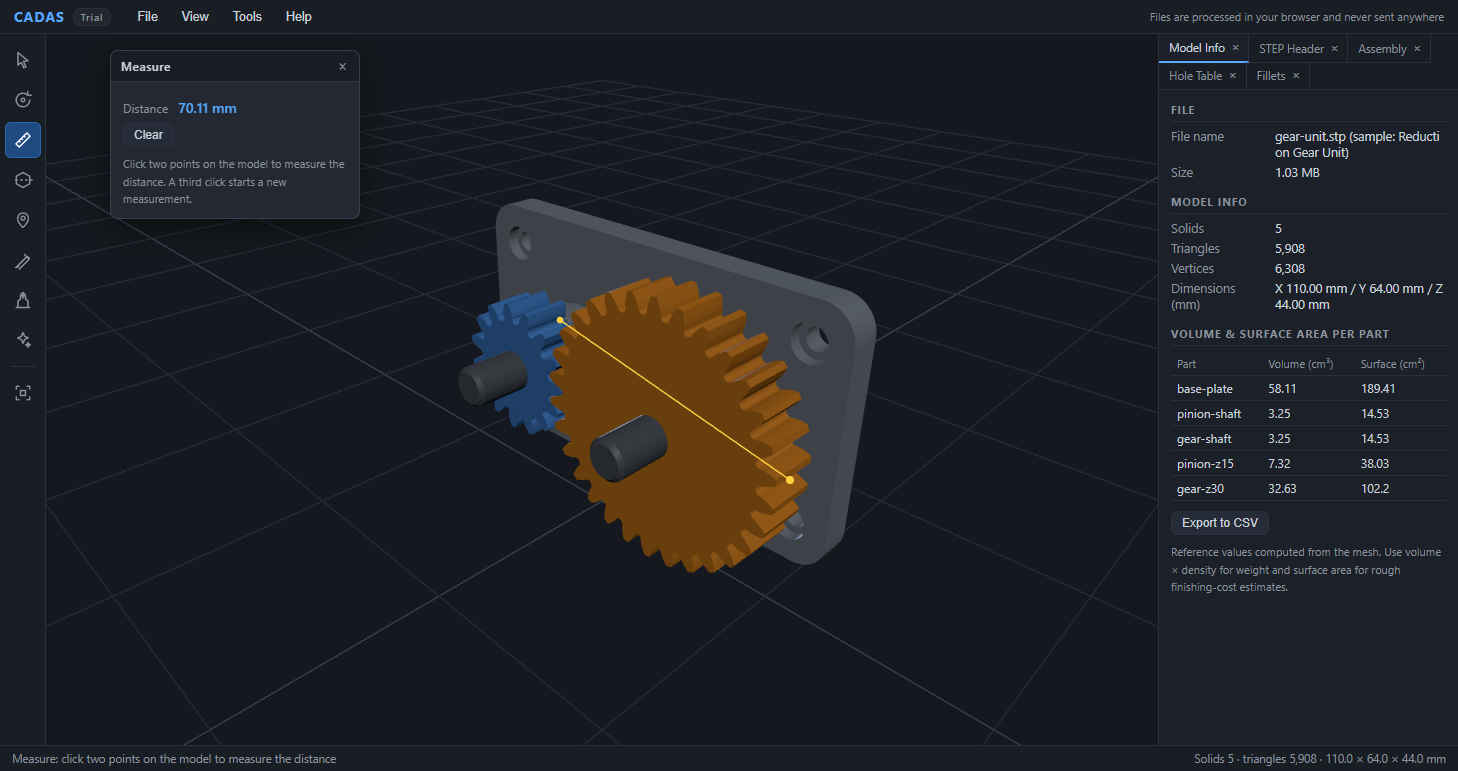 The CADAS measure tool showing a distance of 70.11 mm between two points on the gear