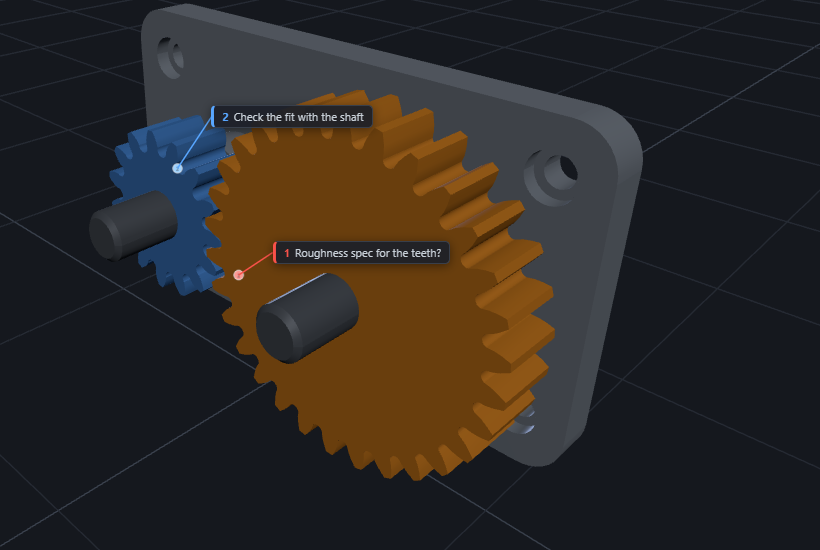 Close-up of CADAS notes. Comments reading "Roughness spec for the teeth?" and "Check the fit with the shaft" are connected by leader lines to where they are attached on the gears