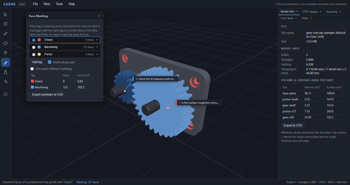 CADAS with two notes on the reduction gear unit, the large gear painted blue with the Machining tag and the counterbored holes painted red with the Check tag. A summary table of face counts and areas per tag is also shown