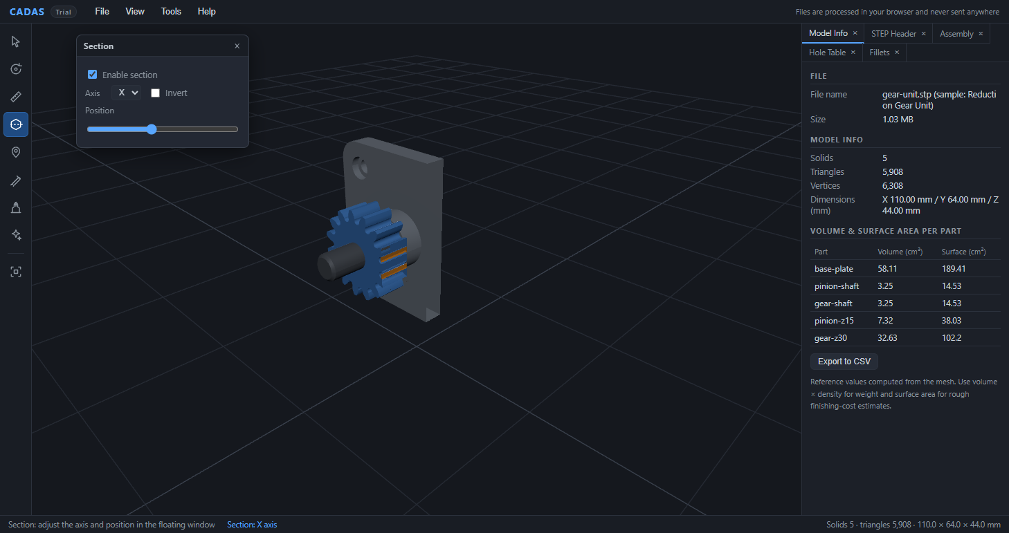 The CADAS section tool showing an X-axis section with the internal structure of the gear unit visible