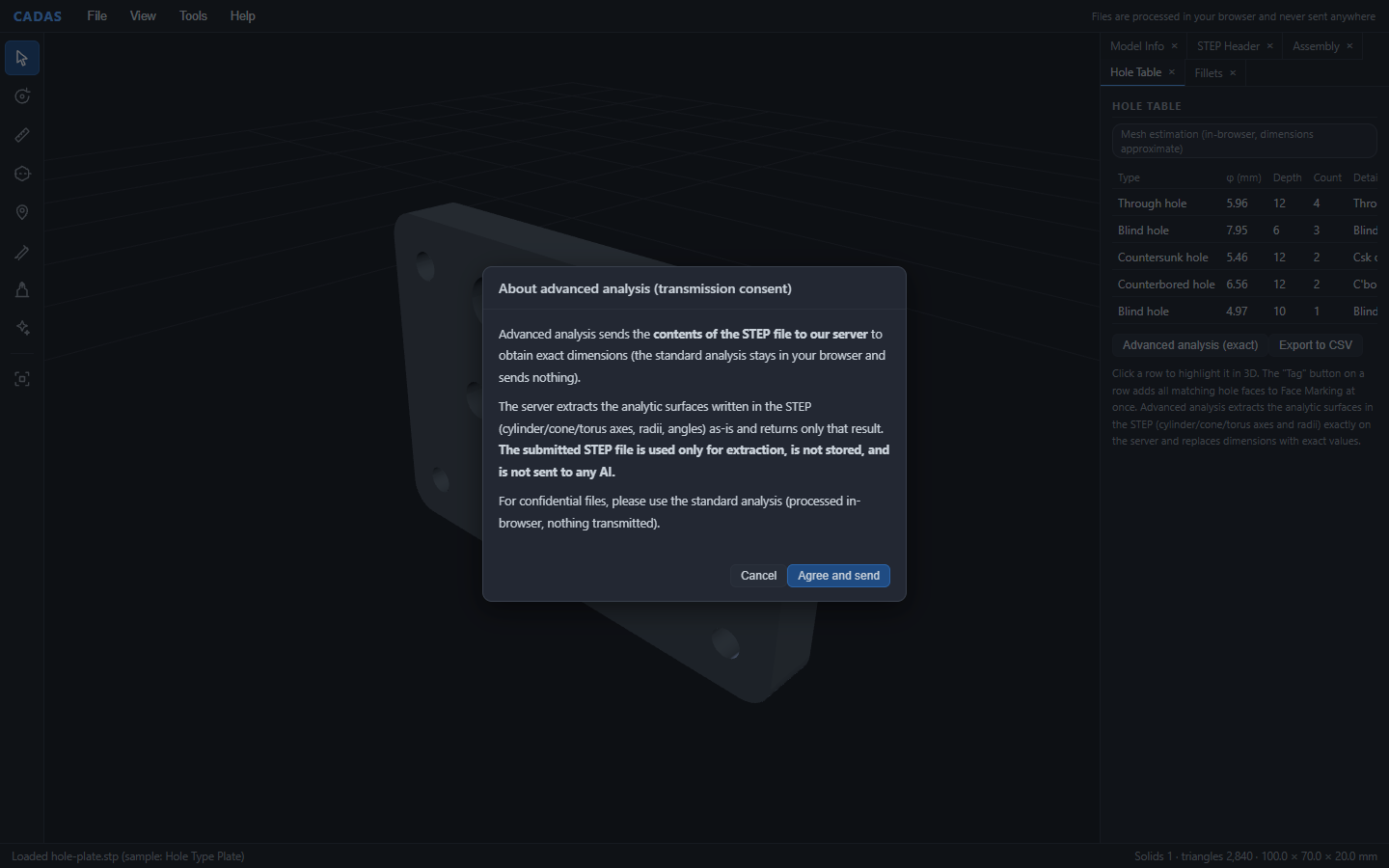 The confirmation dialog for advanced analysis, stating that the contents of the STEP file will be sent to our server, used only for extraction and not stored, and never passed to AI