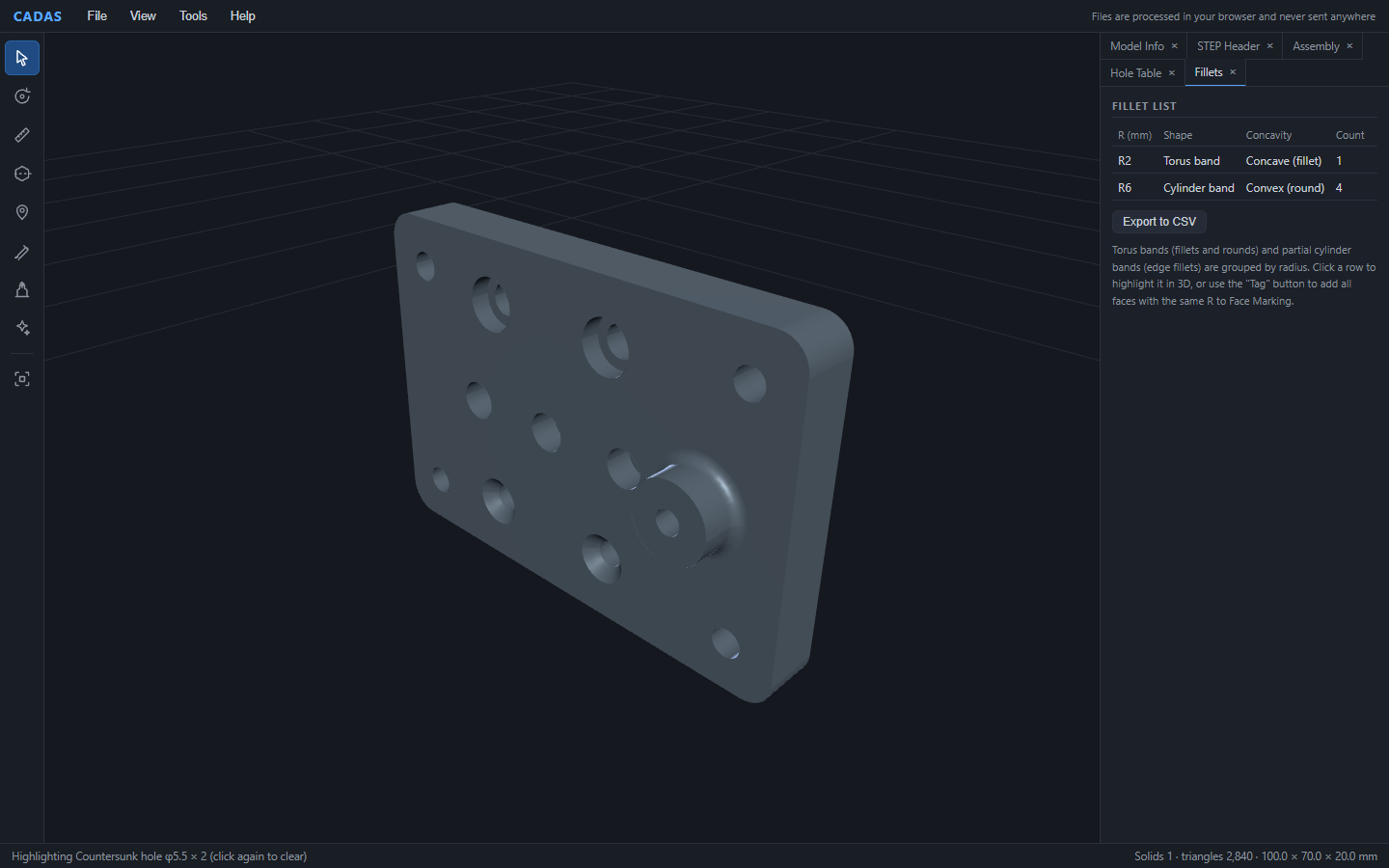 The Fillets tab showing one R2 torus band (concave fillet) and four R6 cylinder bands (convex rounds)