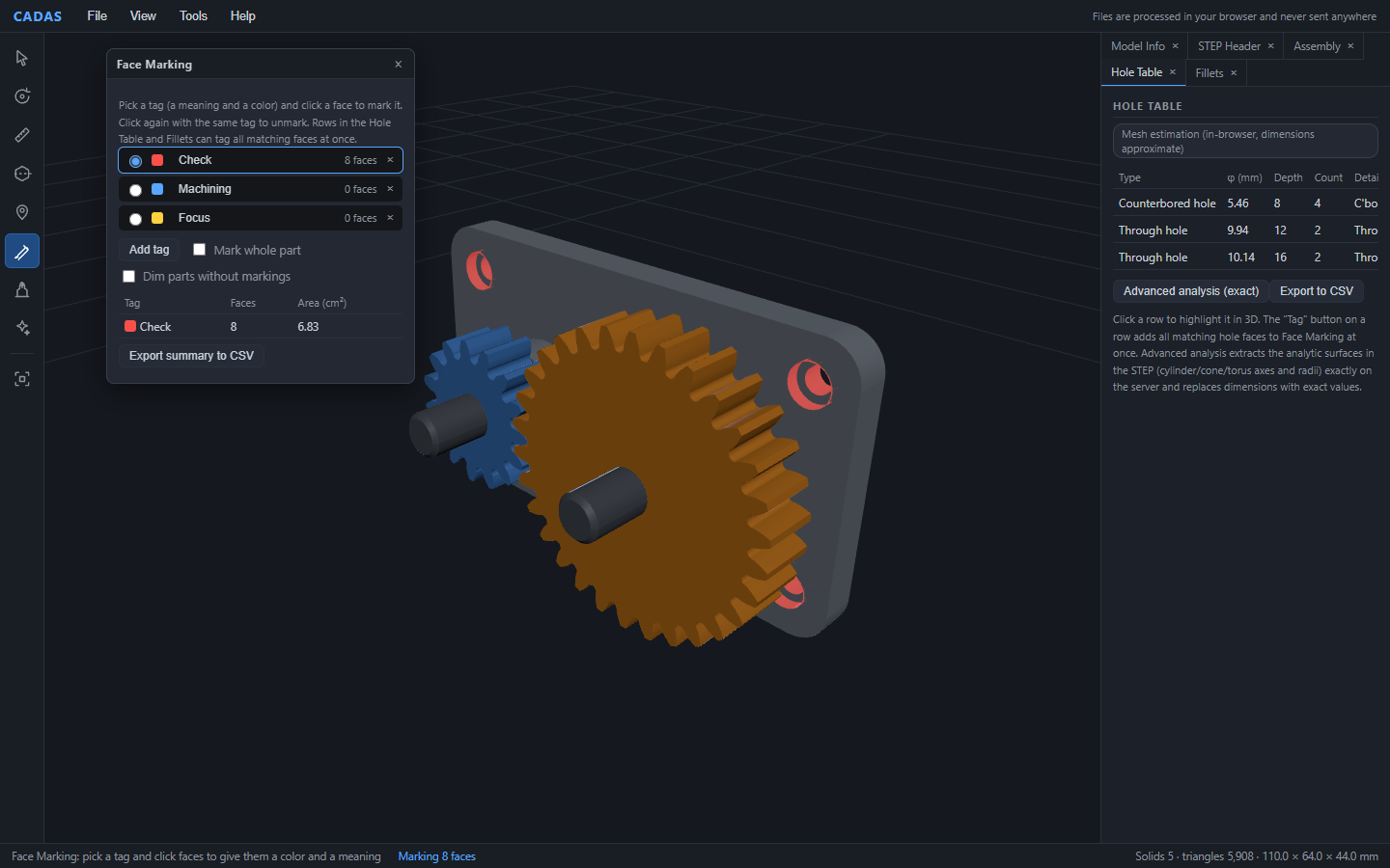 Using the hole table's Tag button to register the counterbores' 8 faces under the Check tag; the mounting holes are painted red in the 3D view and the face-marking window tallies 8 faces, 6.83 cm²