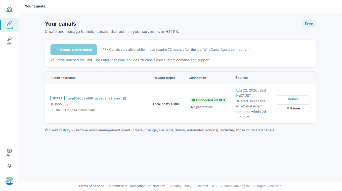 Dashboard list showing Connected and the Agent version