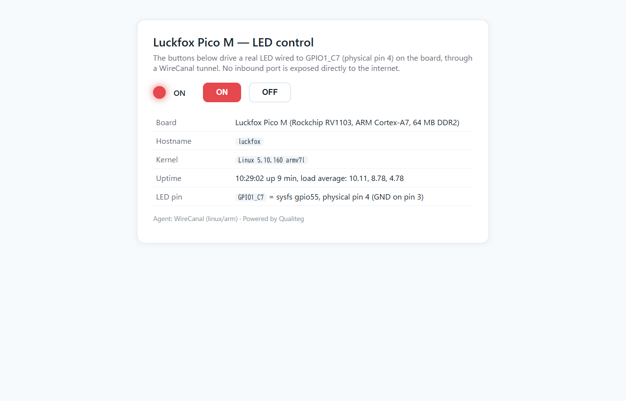 The LED control page with ON pressed and glowing red