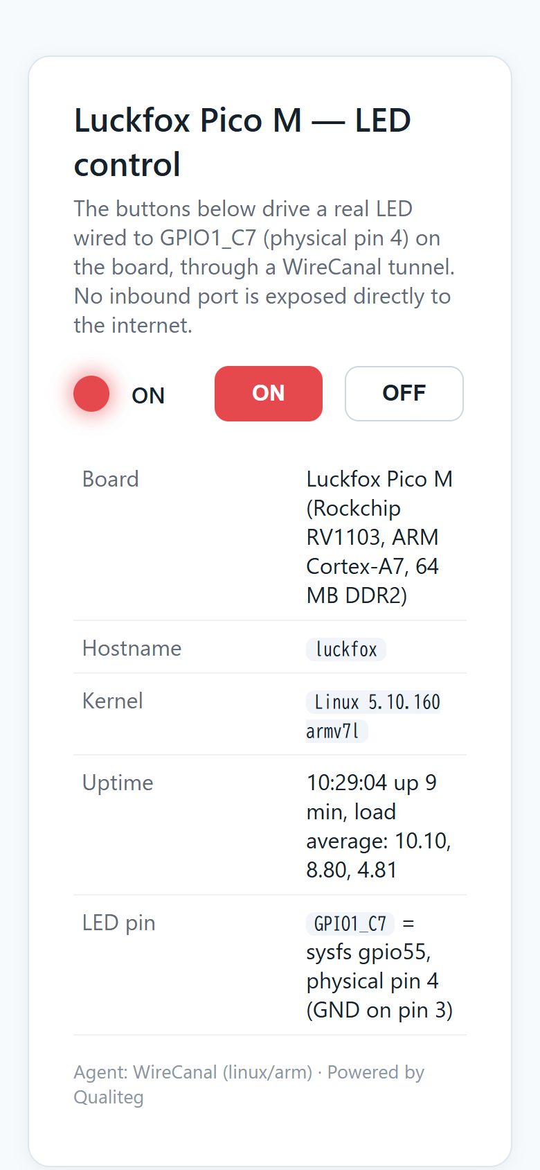 The LED control page displayed at phone width