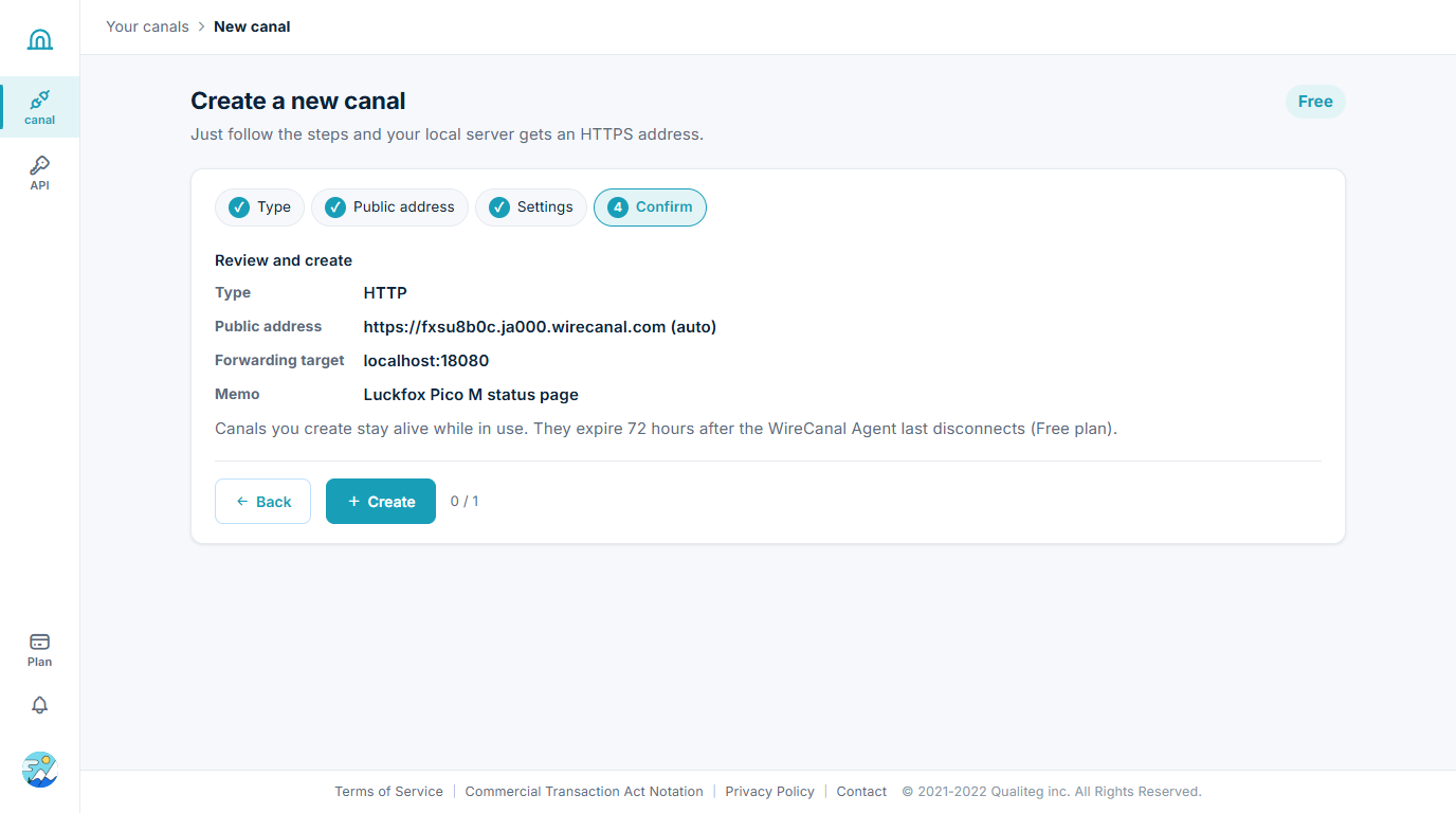 Canal creation wizard, step 4: confirmation screen