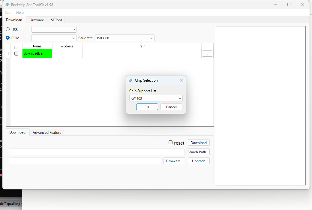 SocToolKit's Chip Selection dialog with RV1103 selected