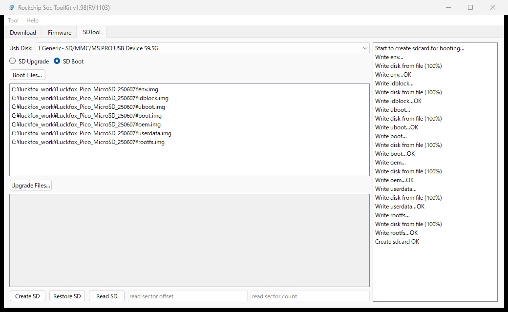 SocToolKit's write log showing Create sdcard OK
