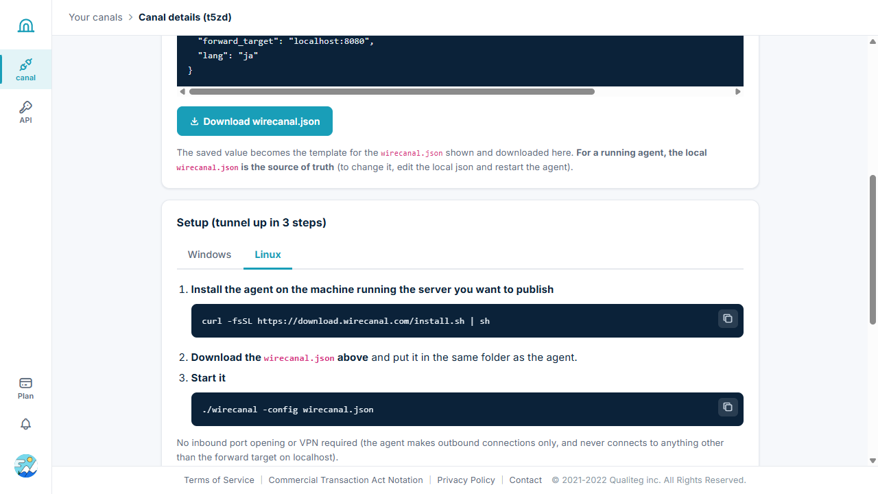 Setup screen on the canal details page (Linux tab)