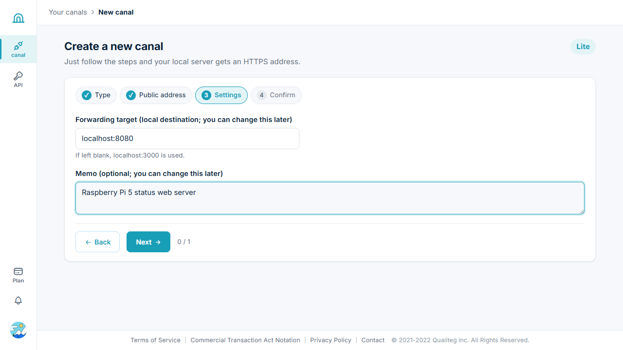 canal creation wizard, step 3: forward target settings