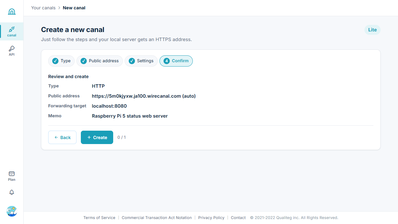 canal creation wizard, step 4: confirmation screen