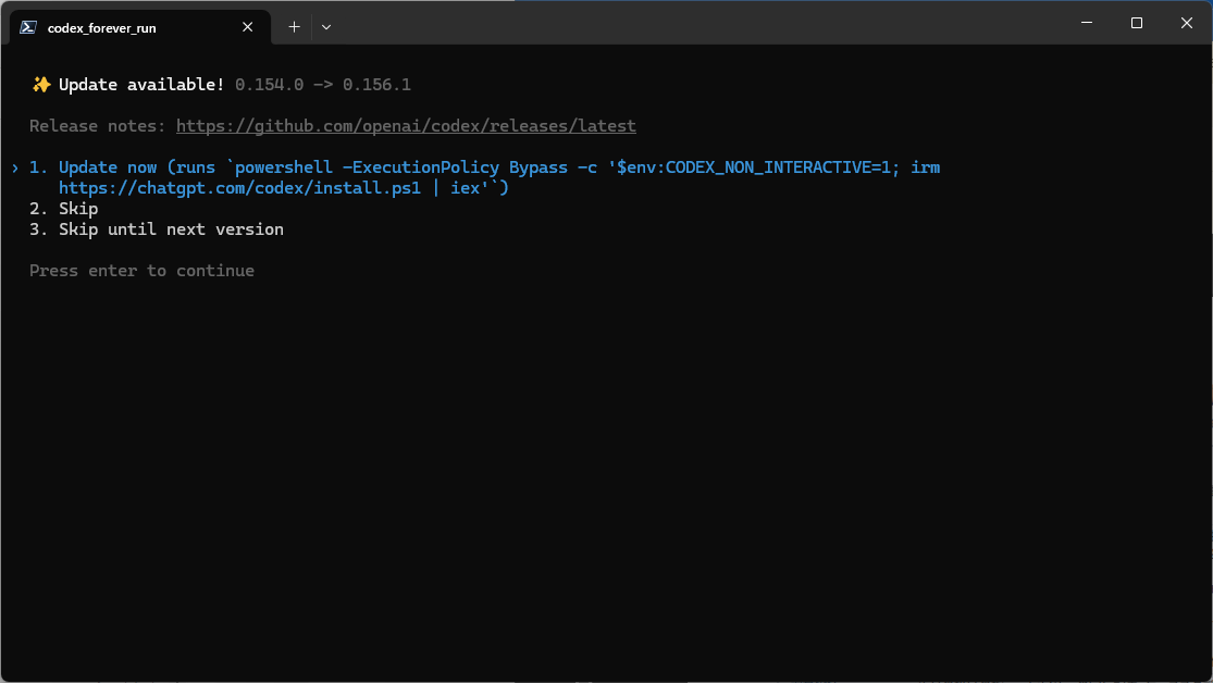 Codex CLI startup prompt offering an update from 0.154.0 to 0.156.1