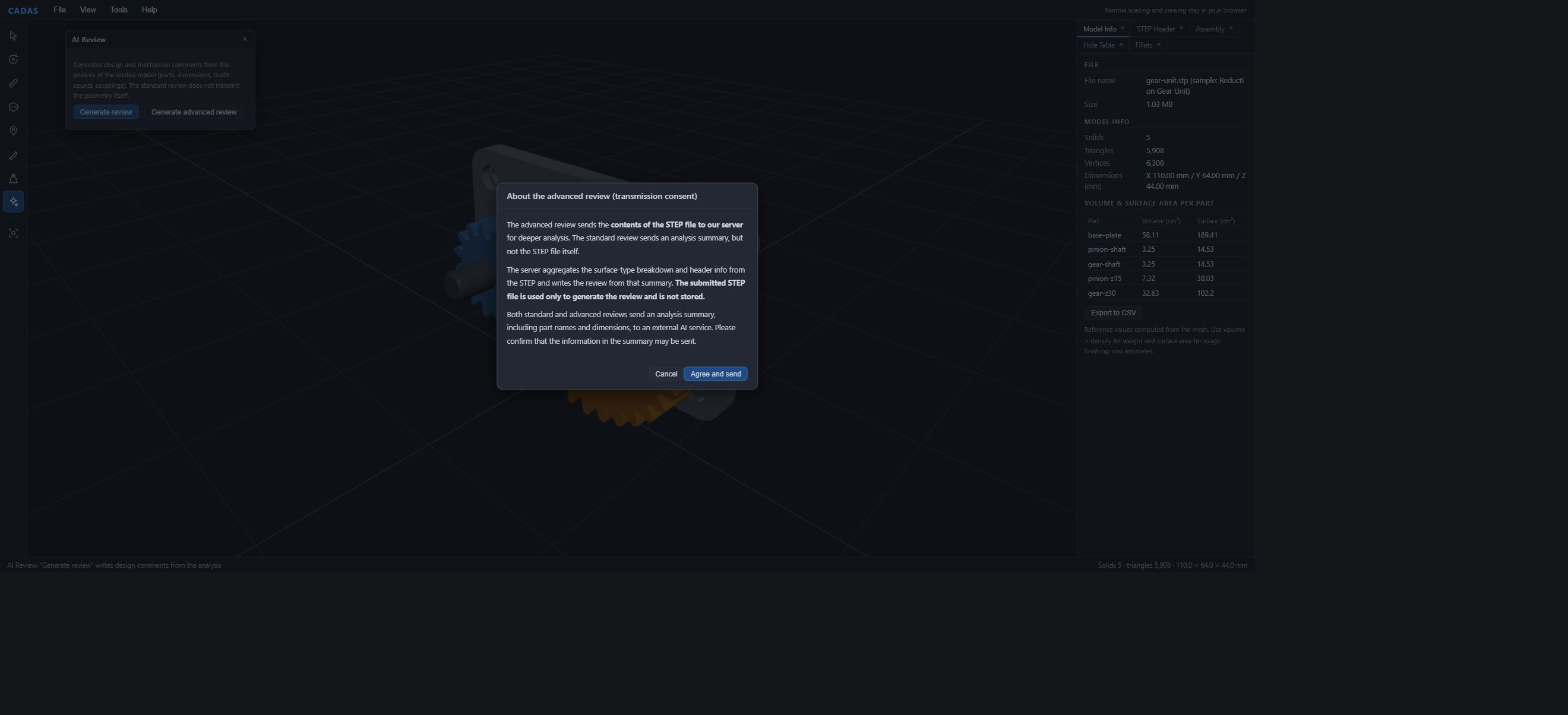 Advanced insights confirmation: the STEP file is sent to Qualiteg's server, which summarizes surface types and header information for the insight. The uploaded STEP is used only to generate the insight and is not stored.