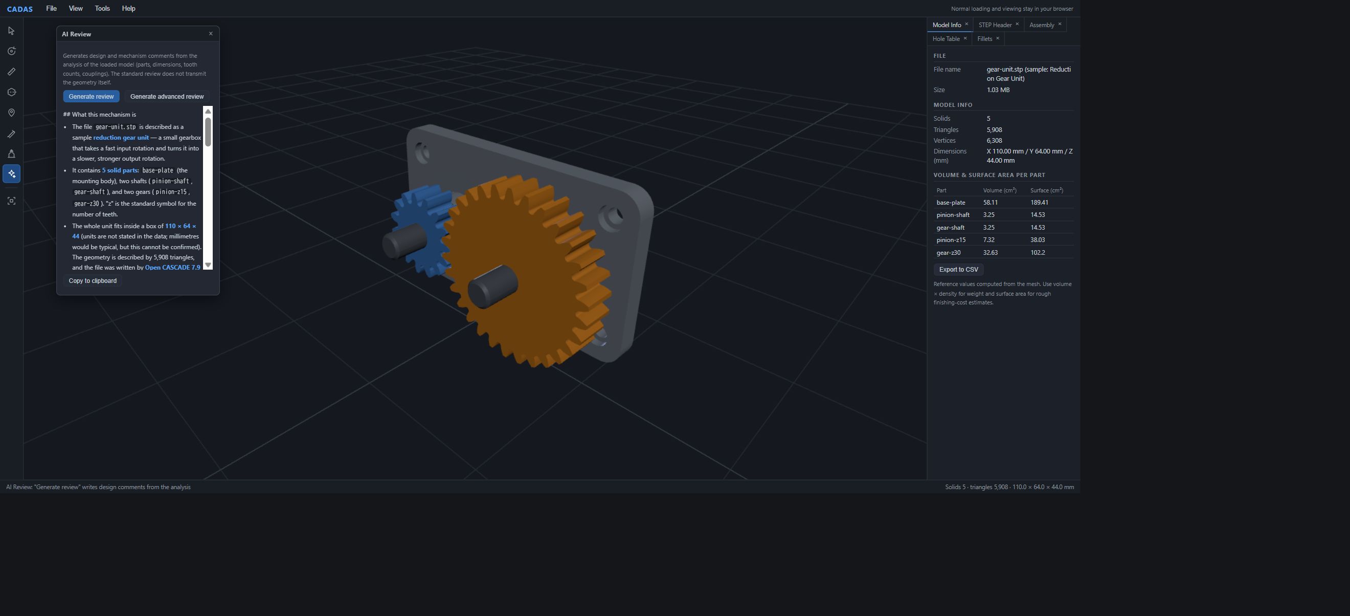 Actual English AI Review for the reduction gear unit, describing the assembly, motion, numerical findings, and points to check.