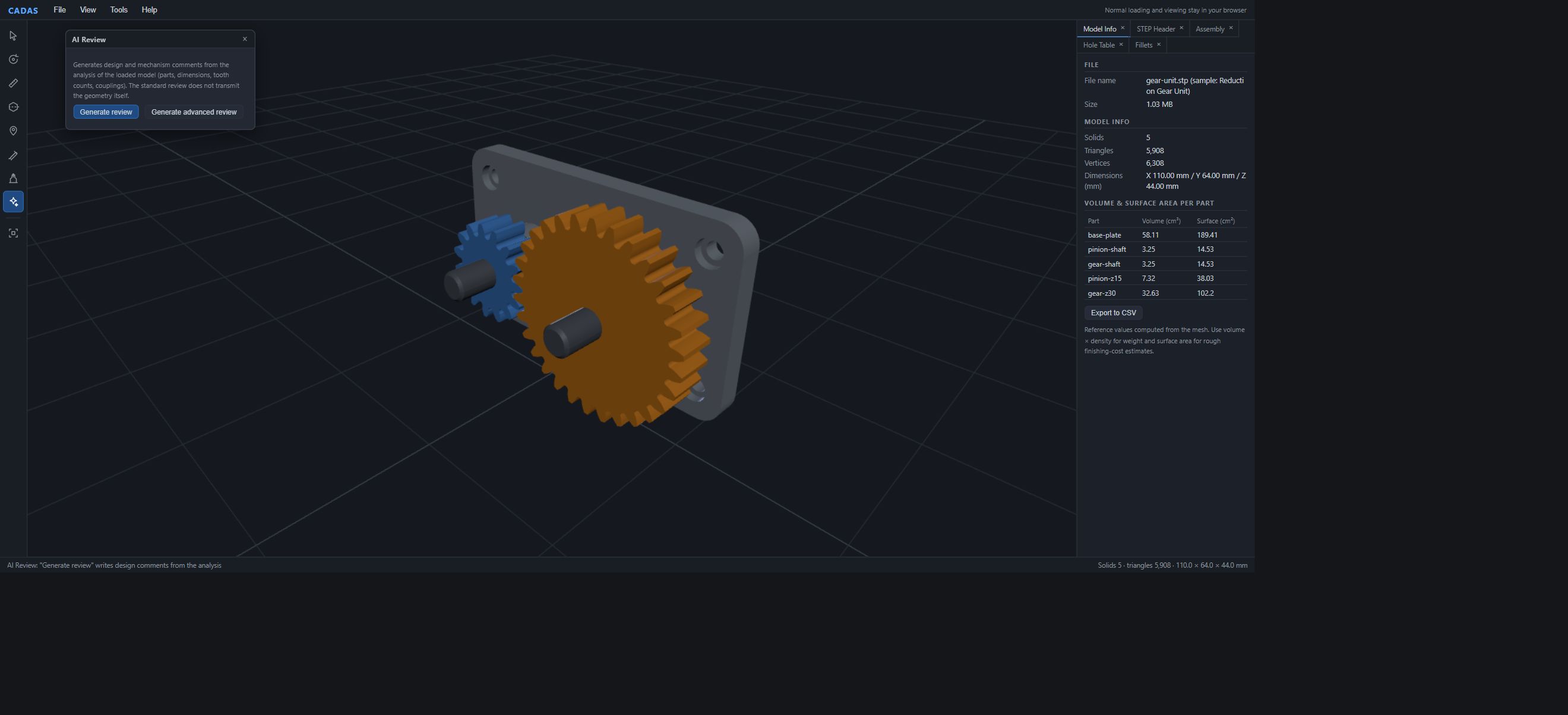 CADAS AI Review window, explaining that it uses analyzed parts, dimensions, tooth counts, and couplings. Standard insights do not send geometry data. Buttons provide standard and advanced insights.