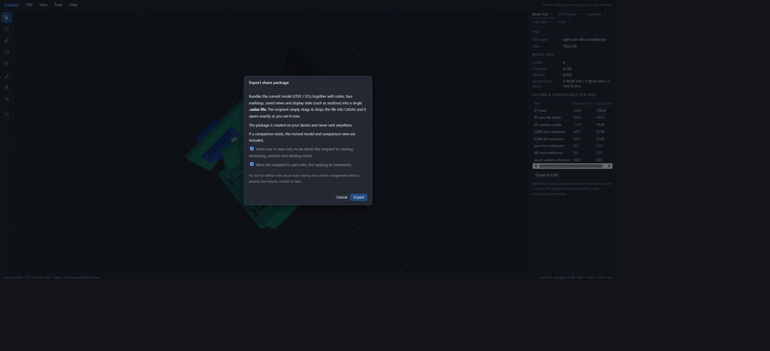 Current CADAS share-package export dialog. The model and view state, including notes, are saved locally in a .cadas file. View-only mode and permission to add notes can be selected.