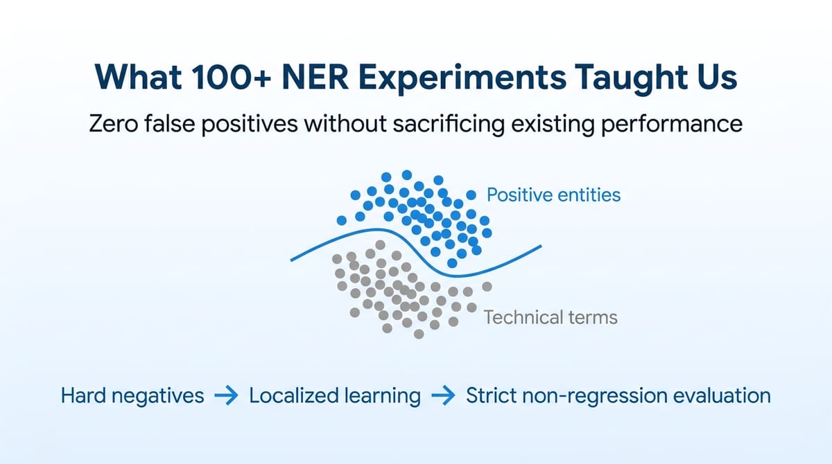 Why Zero False Positives Still Wasn’t Enough: Lessons from 100+ NER Experiments